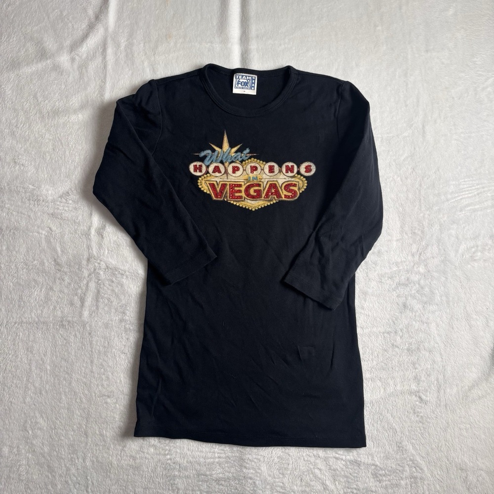 VTG Y2K What Happens in Vegas Black Long Sleeve Shirt Women's Medium‎ *